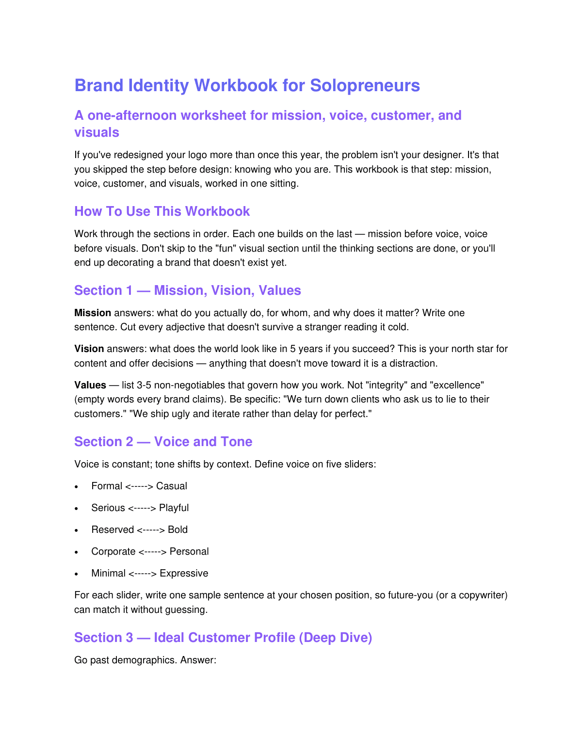 Brand Identity Workbook for Solopreneurs preview page 2