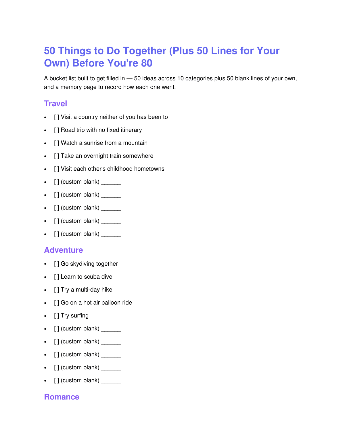 Couples Bucket List Printable preview page 2