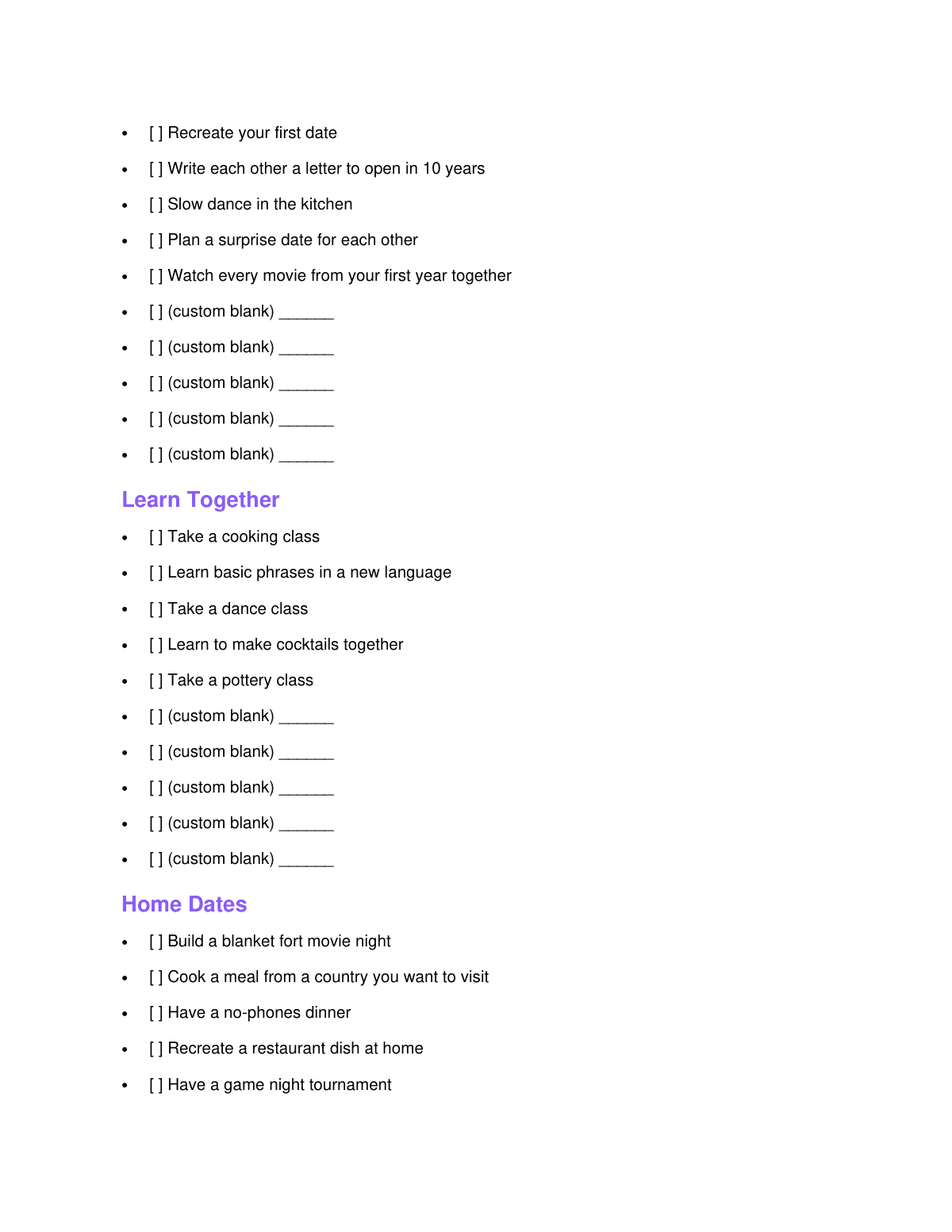 Couples Bucket List Printable preview page 3