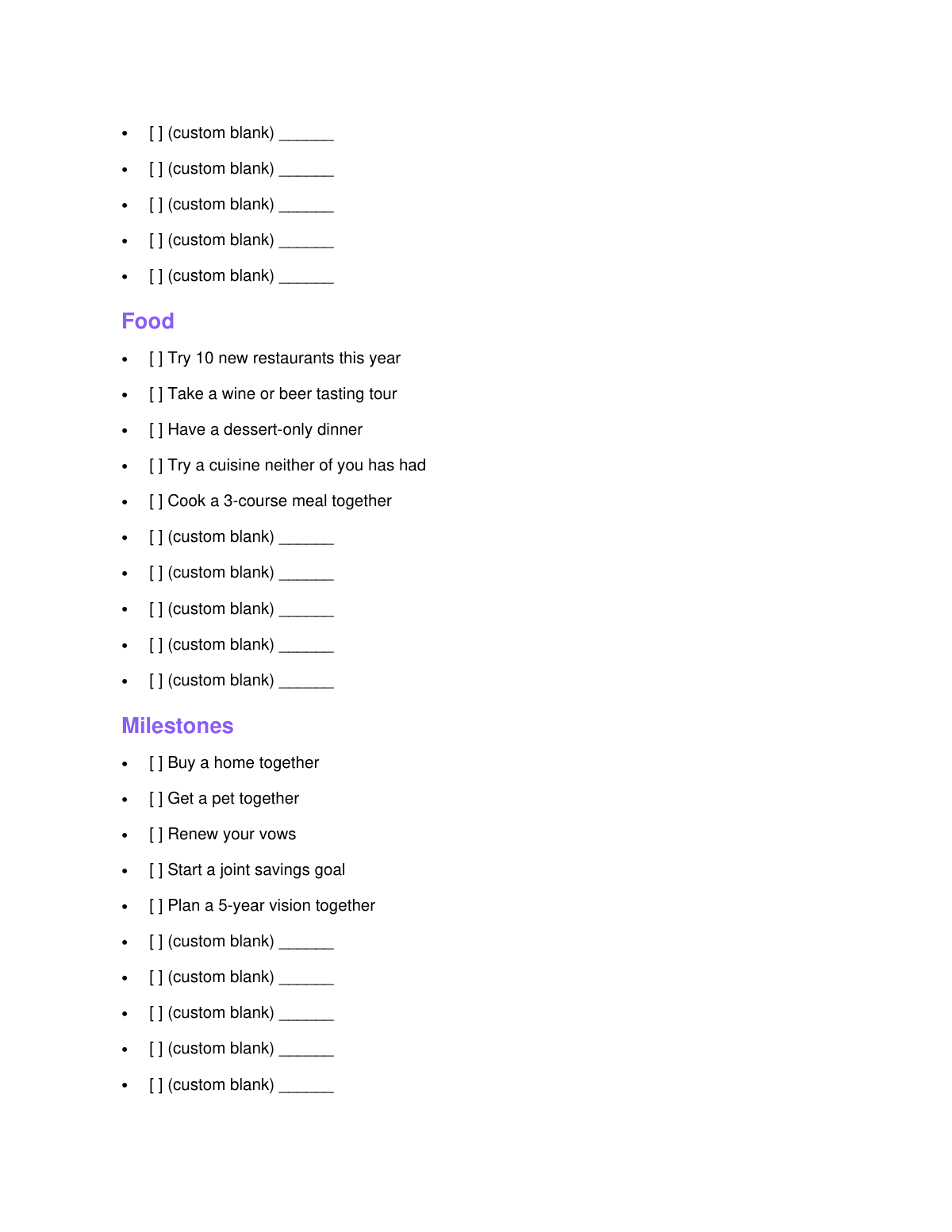 Couples Bucket List Printable preview page 4