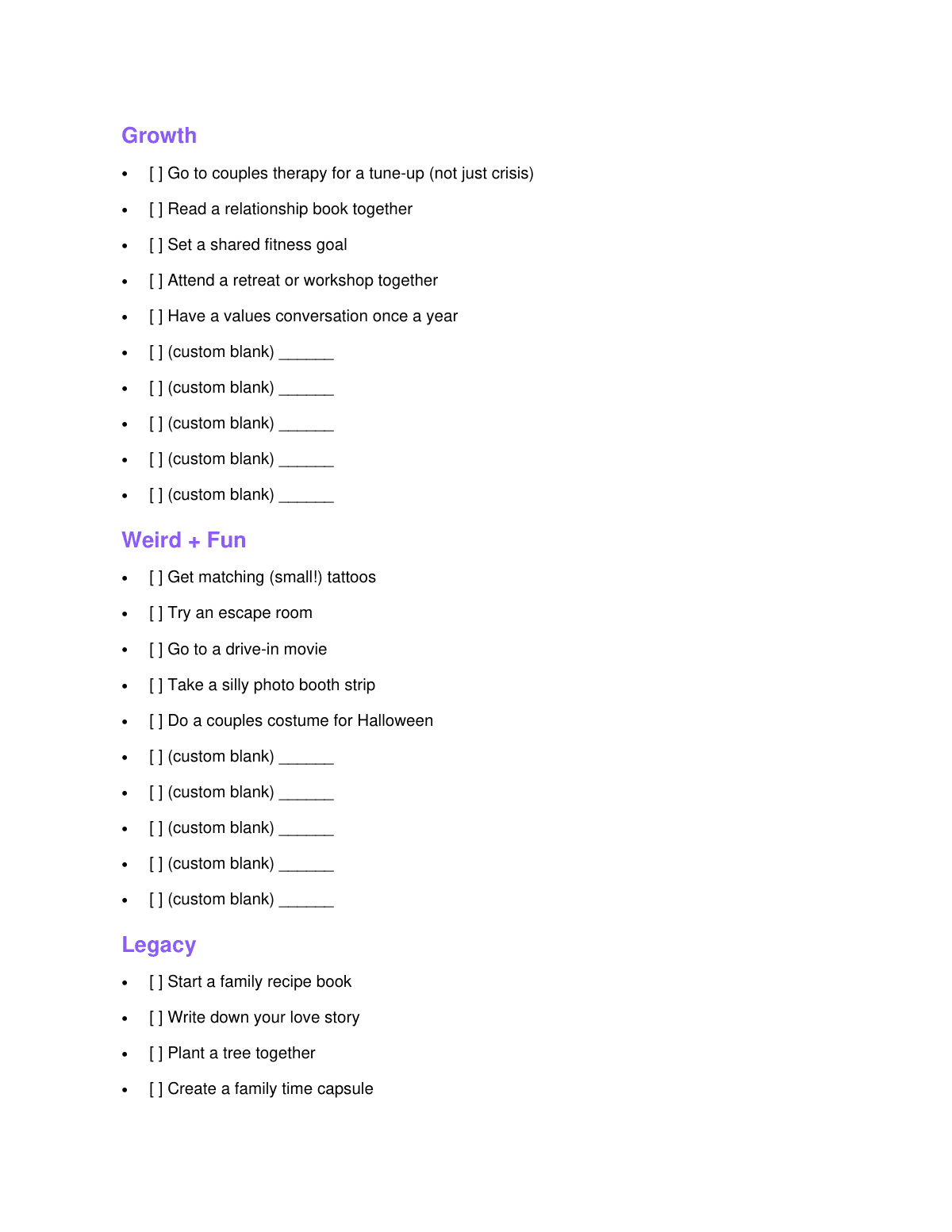 Couples Bucket List Printable preview page 5
