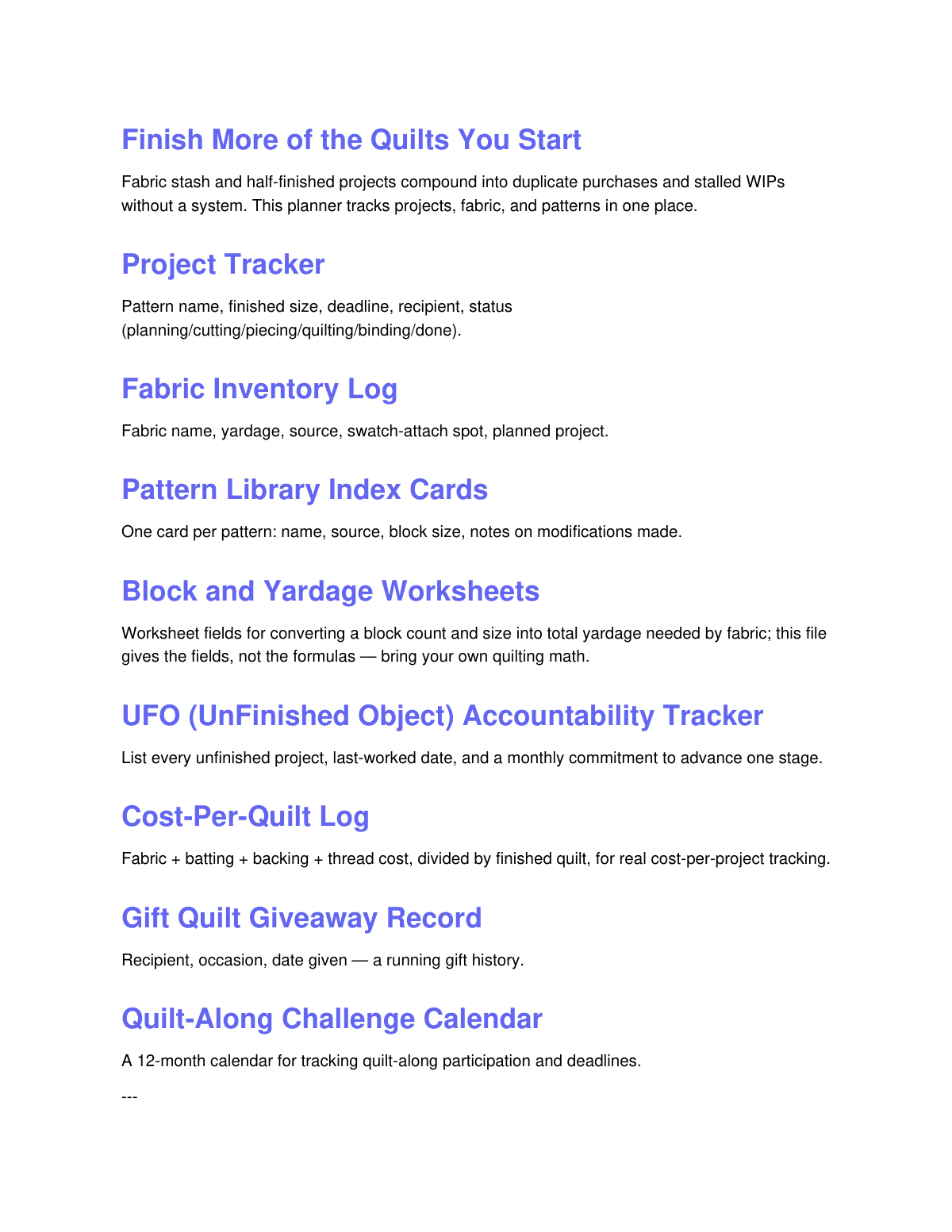 Quilters Project Planner preview page 2